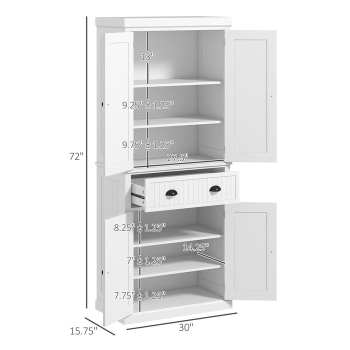 Homcom - 72" Kitchen Pantry, Tall Storage Cabinet, Freestanding Cupboard With Drawer, Doors And Adjustable Shelves - White