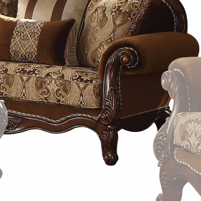 Loveseat And Toss Pillows - Brown Damask Chesterfield