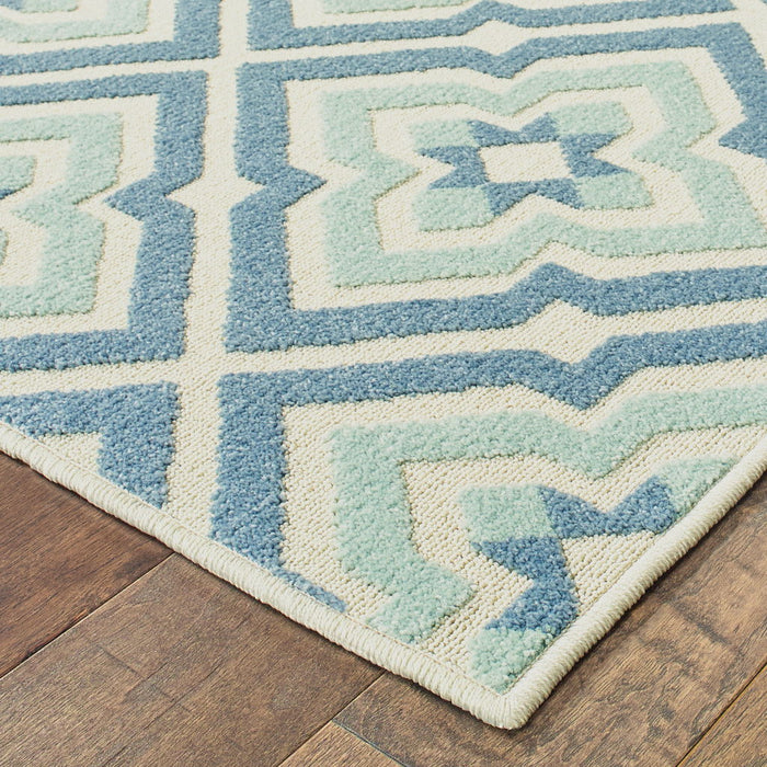 10' X 13' Geometric Stain Resistant Indoor / Outdoor Area Rug - Blue / Ivory