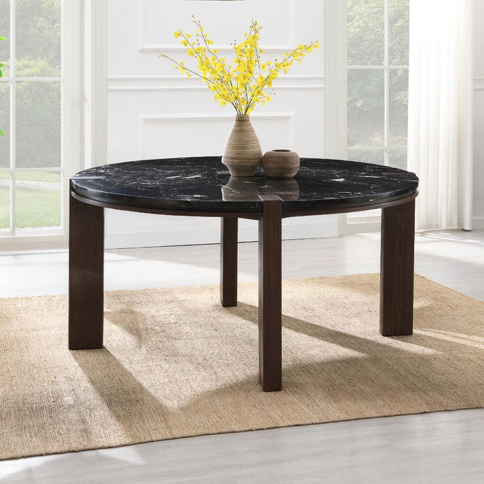 Estella - Round Dining Table With Natural Marble Top - Black Top & Walnut ACME