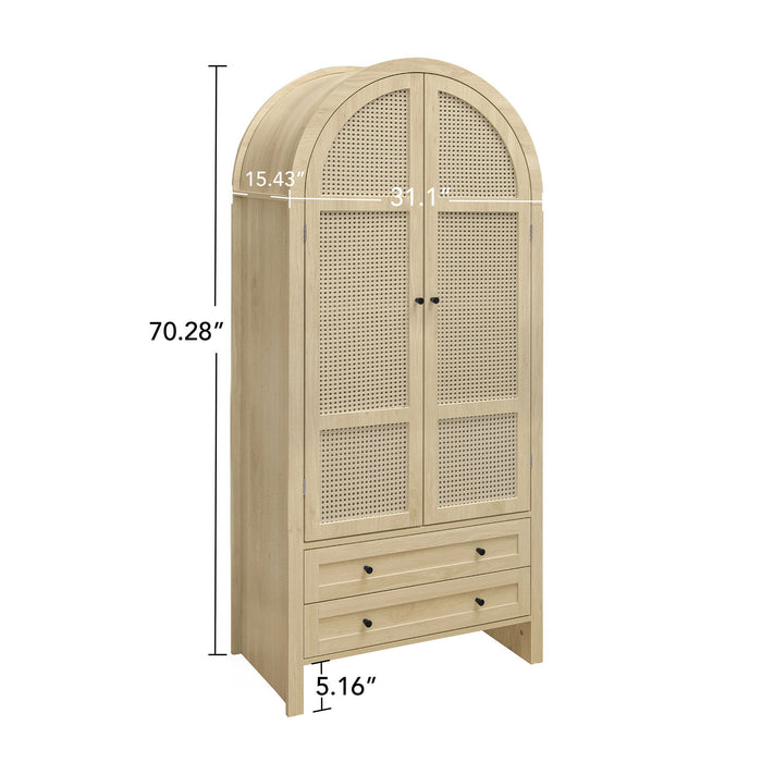 Tall Arched Kitchen Pantry, Arched Storage Display Cabinet With 2 Drawers & Adjustable Shelves, Rattan Door Versatile Storage Cabinet For Kitchen, Dining Room, Living Room - Natural