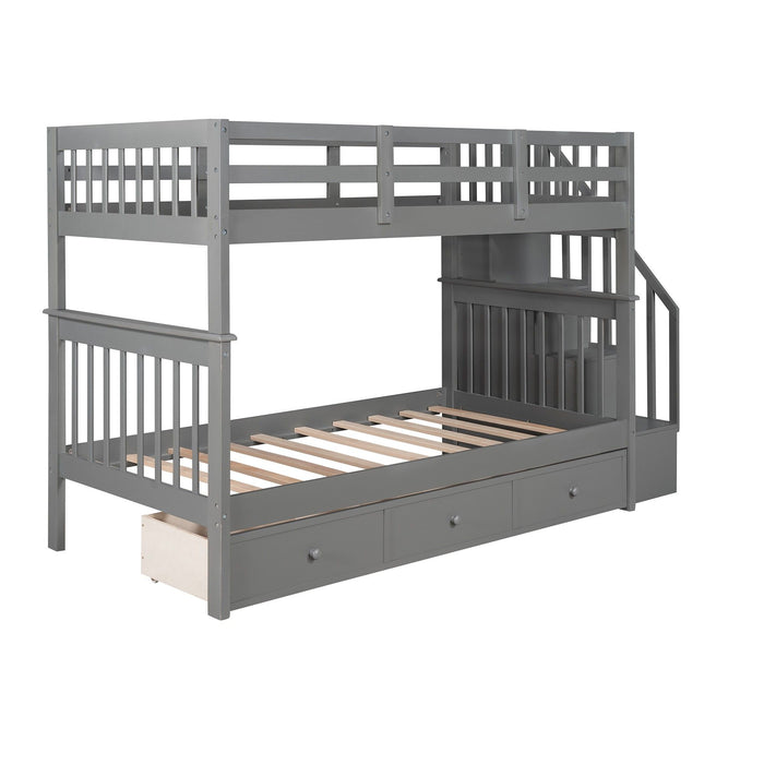 Twin over Twin Bunk Bed with Stairway and Drawers - Gray