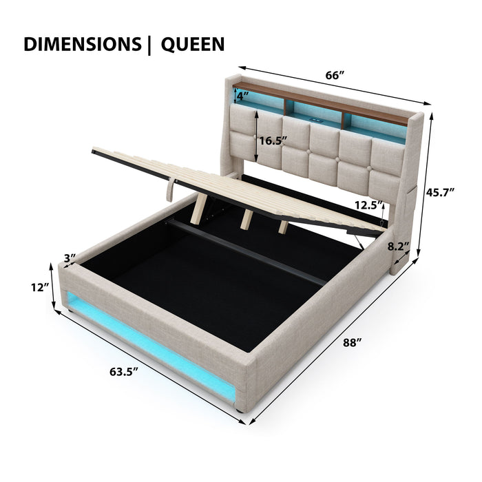 Platform Bed With Hydraulic Storage, LED Lighting & Charging Station Artistry At Home