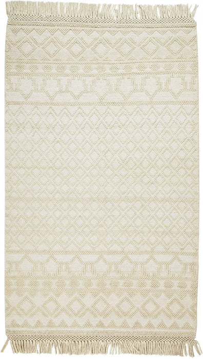 Geometric Hand Woven Area Rug With Fringe - Ivory And Tan Wool - 5' X 8'