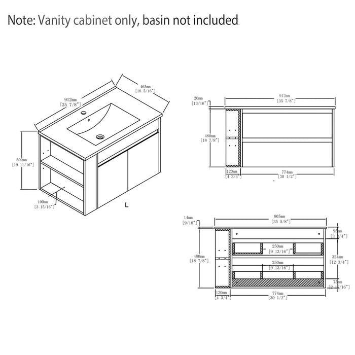 Floating Bathroom Vanity Cabinet, Soft Close Double Drawers, Open Side Storage, Wall Mounted, Cabinet Only Home Essentials