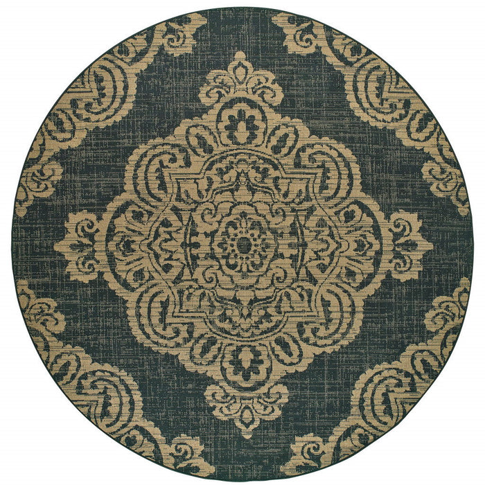 8' X 8' Round Oriental Stain Resistant Indoor / Outdoor Area Rug - Black / Tan