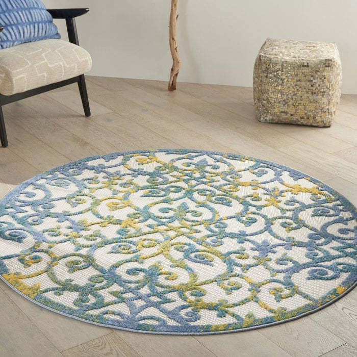 4' Round Round Floral Indoor & Outdoor Area Rug - Ivory / Blue