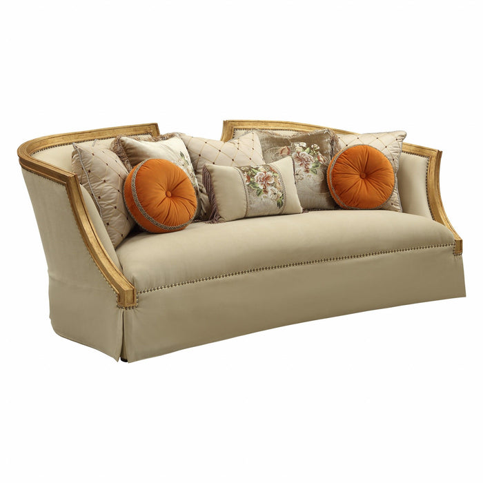 Velvet Curved Sofa And Toss Pillows With Natural Legs - Beige