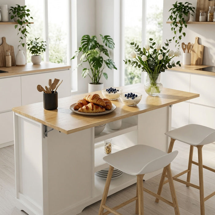 Drop Leaf Kitchen Island With Storage, Power Outlet & Pet Bowl Drawer - White / Light Oak Home Essentials
