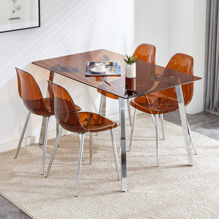1 Table And 4 Chairs, Brown Tempered Glass Tabletop And Silver Metal Legs, Modern Minimalist Style Rectangular Glass Dining Table, Paired With 4 Modern Silver Metal Leg Chairs 1123 Tw - 1200