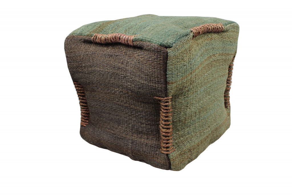 Jute Cube Pouf Ottoman - Green And Brown