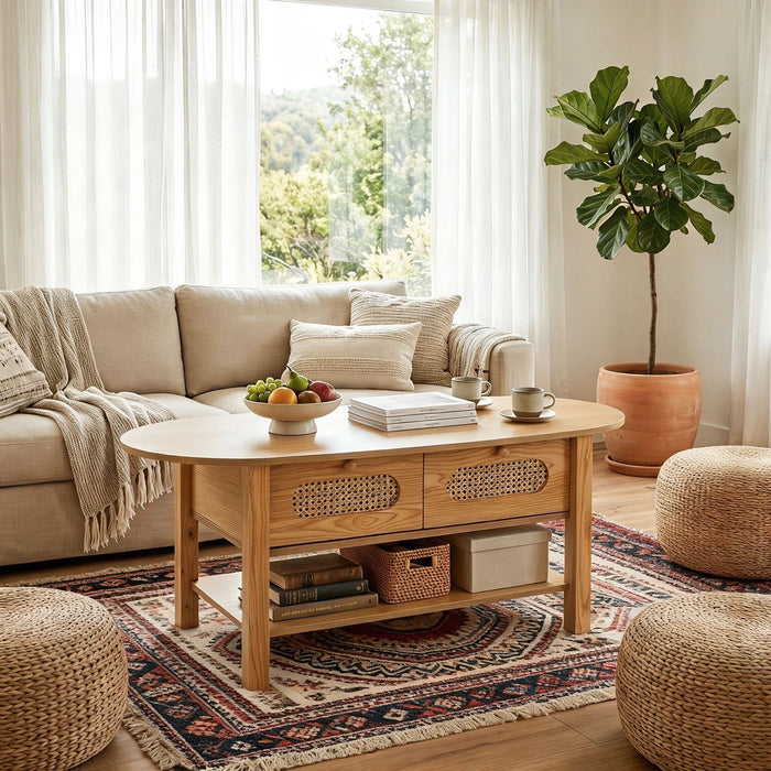 Oval Coffee Table With With 2 Storage Drawers For Living Rooms - Wood Home Essentials
