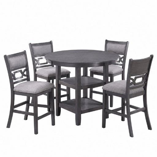 5 Piece Counter Height Dining Set With Storage Shelves Round Table And Upholstered High Chairs - Gray Home Essentials