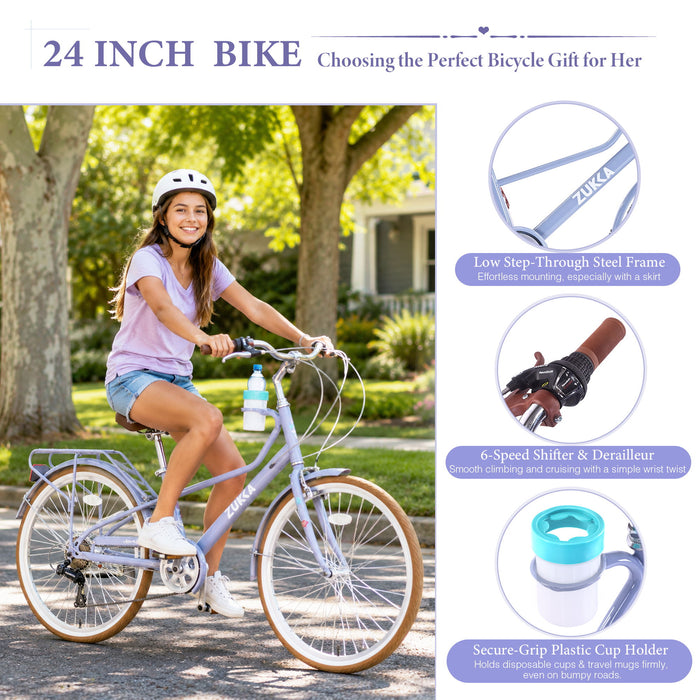 24" Cruiser Bike With 6 Speed Gear System, Rear Rack & Cup Holder Daily Nest