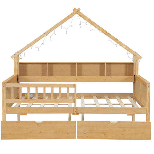 House Style Platform Bed With LED Lights, Storage Shelves, Drawers, And Guardrail Hearth and Haven