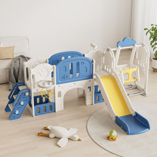 Oddler Slide Kids Slide For Toddlers, Playground With Basketball Hoop, Extra Long Aisle, Strong Swing - Blue / Yellow Home Essentials