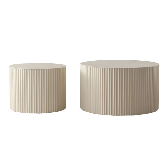 Drum Nesting Coffee Table With Wave Stripe Design For Living Room (Set of 2) - Beige / White Home Essentials