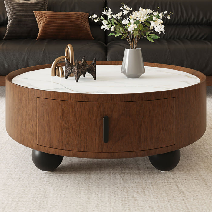 Round Coffee Table With Ball Feet, Pull Handle Storage Drawer - Bouguer Walnut / Brown Home Essentials