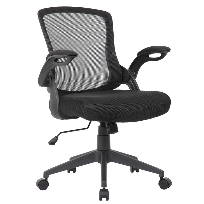 Office Chair & Mid Back Design, Adjustable Height And Foldable Armrests - Black Home Essentials