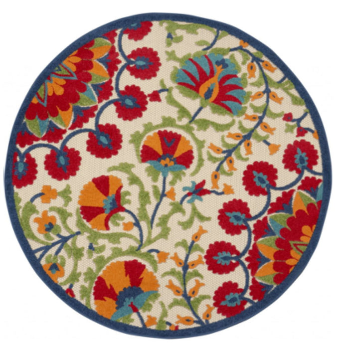 5' Round Round Floral Indoor / Outdoor Area Rug - Red / Ivory