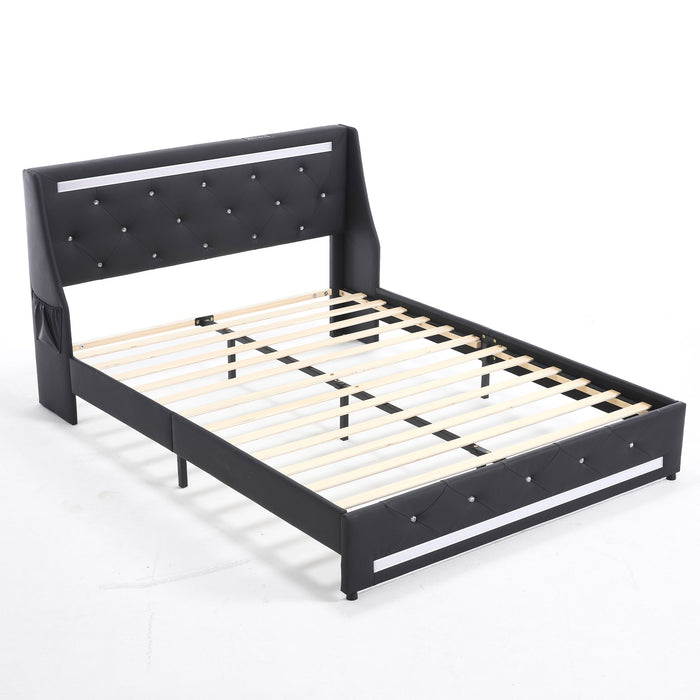 Wingback Upholstered Bed Frame With LED Lights, Charging Station Home Essentials