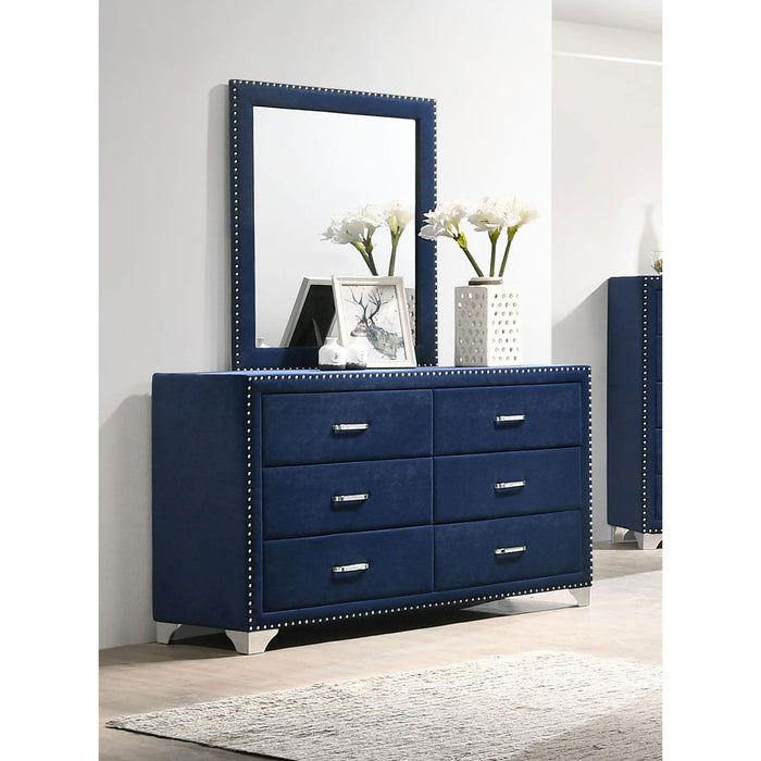 6 Drawer Upholstered Dresser With Mirror - Blue Furniture Max