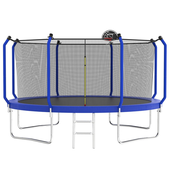14 Feet Trampoline With Basketball Hoop, Astm Approved Reinforced Type Outdoor Trampoline With Enclosure Net