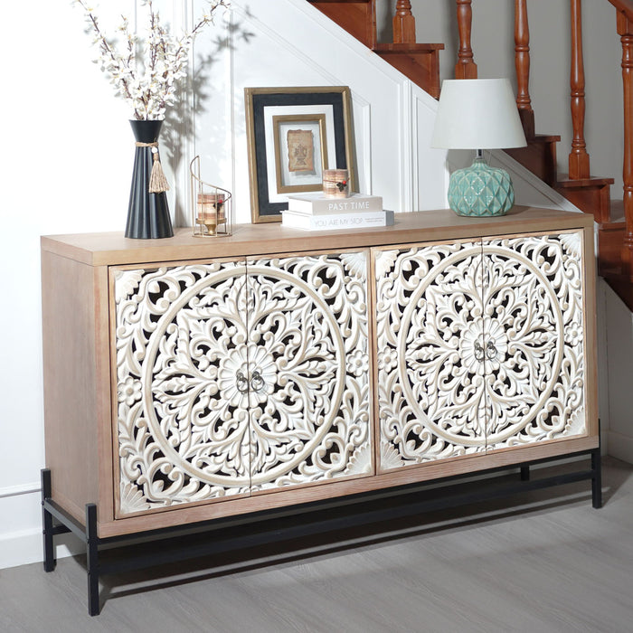 Carved 4 Door Cabinet, Storage Sideboard For Living Room - Multi Home Essentials