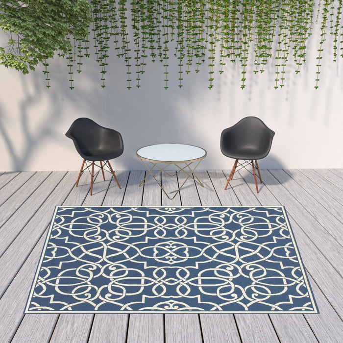 8' X 11' Geometric Stain Resistant Area Rug Outdoor & Indoor - Ivory / Blue