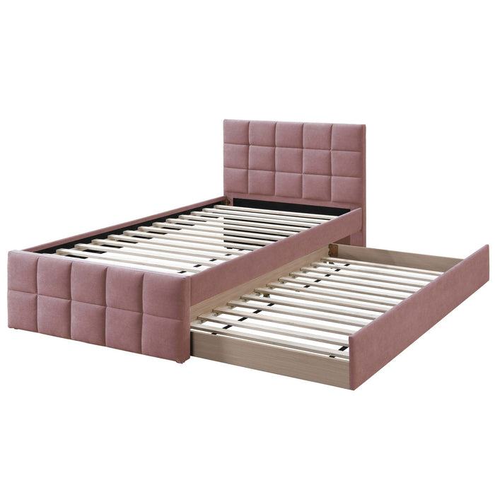 Contemporary Style Bed With Trundle Upholstered Headboard And Footboard Grid Pattern Home Essentials