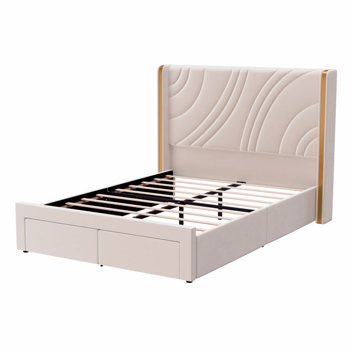 Modern Upholstered LED Bed Frame With Storage Drawers, Wingback Headboard, RGB Light