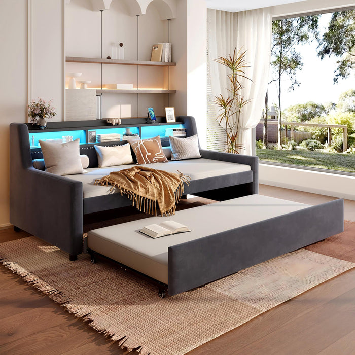 Twin Size Daybed With Trundle With LED Light ＆ Charging Station - Dark Gray Home Essentials