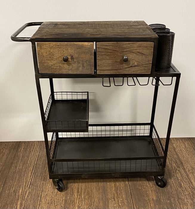 Rolling Bar Cart - Rustic Black / Natural