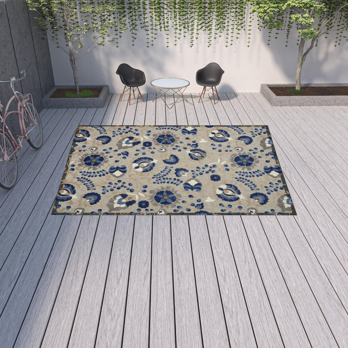 10' X 13' Toile Non Skid Indoor / Outdoor Area Rug - Natural / Blue