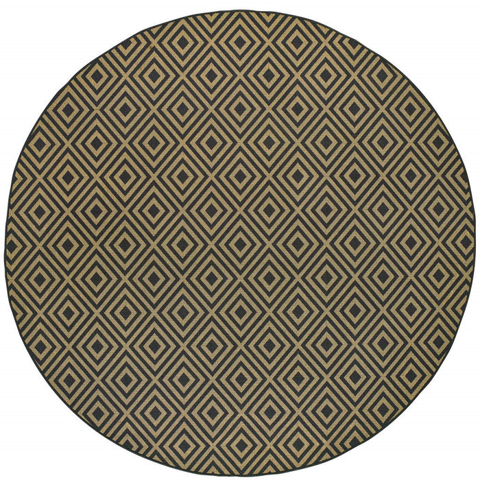 8' X 8' Round Geometric Stain Resistant Indoor / Outdoor Area Rug - Black / Tan