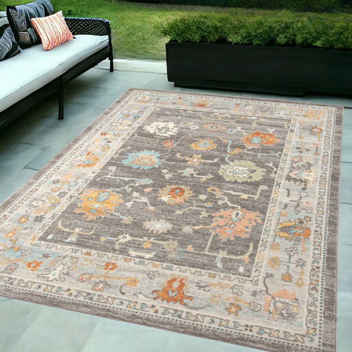 5' X 7' Floral Stain Resistant Indoor / Outdoor Area Rug - Gray / Orange