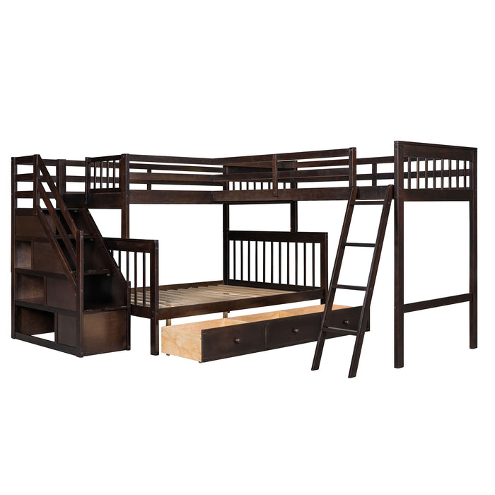 Solid L Shaped Bunk Bed With 3 Drawers, Ladder And Staircase