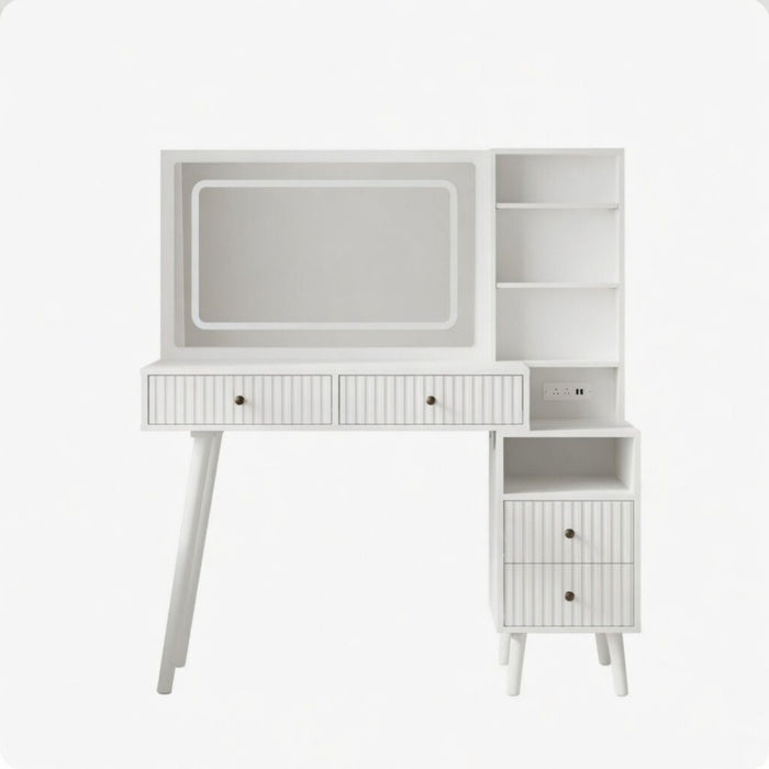 Fluted Vanity Desk With Lighted Mirror & Outlet 4 Drawer, Makeup Table - White Home Essentials