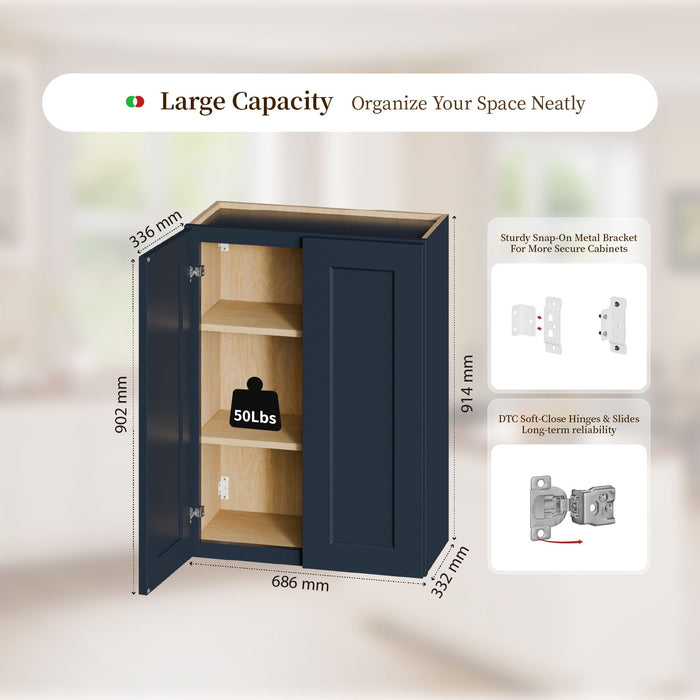 Shaker Wall Cabinet With Soft Close Hinges, Adjustable Shelves, Double Door Home Essentials
