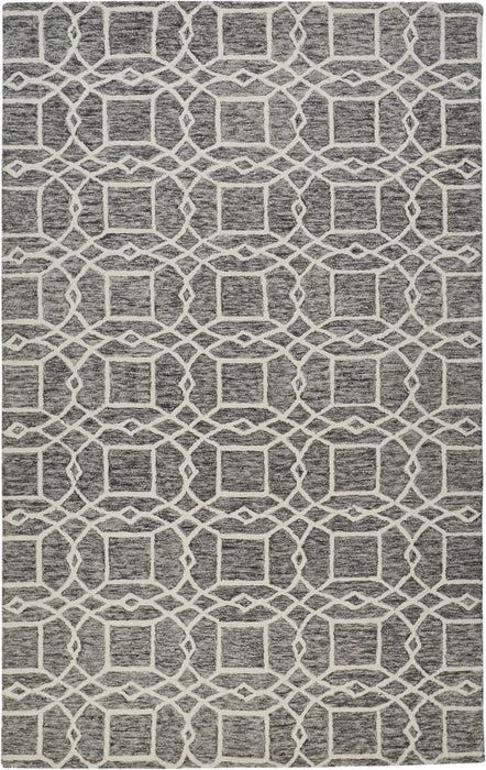 Geometric Tufted Handmade Stain Resistant Area Rug - Black Gray And Ivory Wool - 5' X 8'