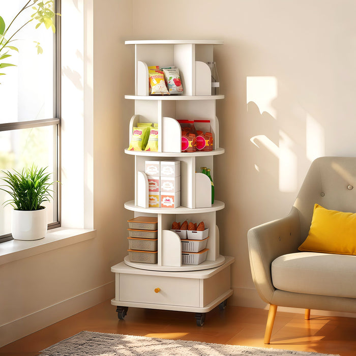 Rotating Bookshelf With Wheels And Drawer, 360° Spinning Design, Space Saving Storage Home Essentials