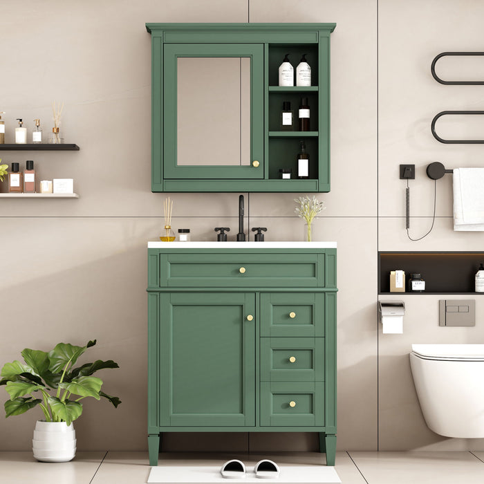 30'' Bathroom Vanity With Top Sink, Modern Bathroom Storage Cabinet With 2 Drawers And A Tip - Out Drawer, Freestanding Vanity Set With Mirror Cabinet, Single Sink Bathroom Vanity - Green