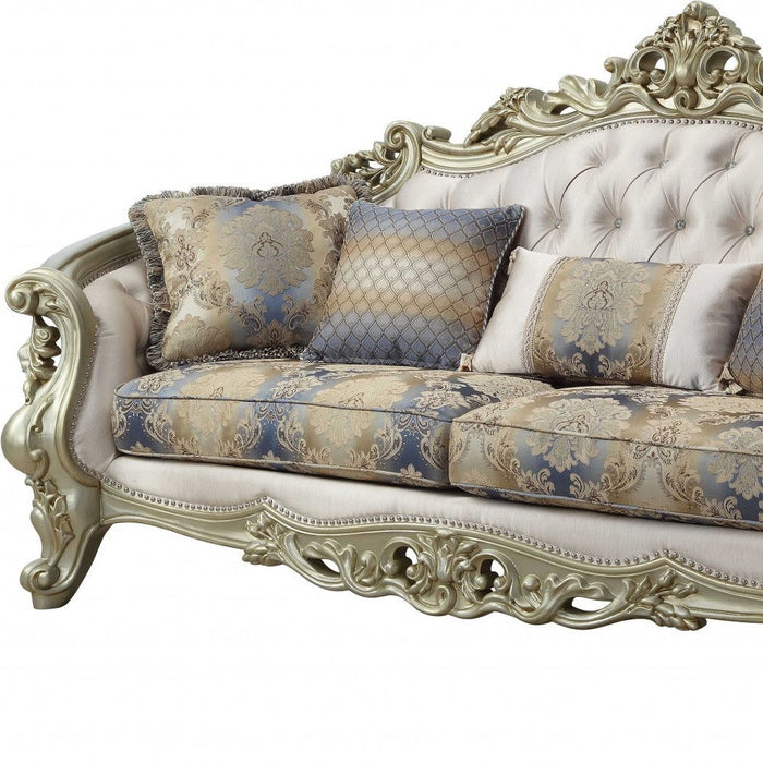 Velvet Curved Floral Sofa And Toss Pillows With Champagne Legs - Antiqued White