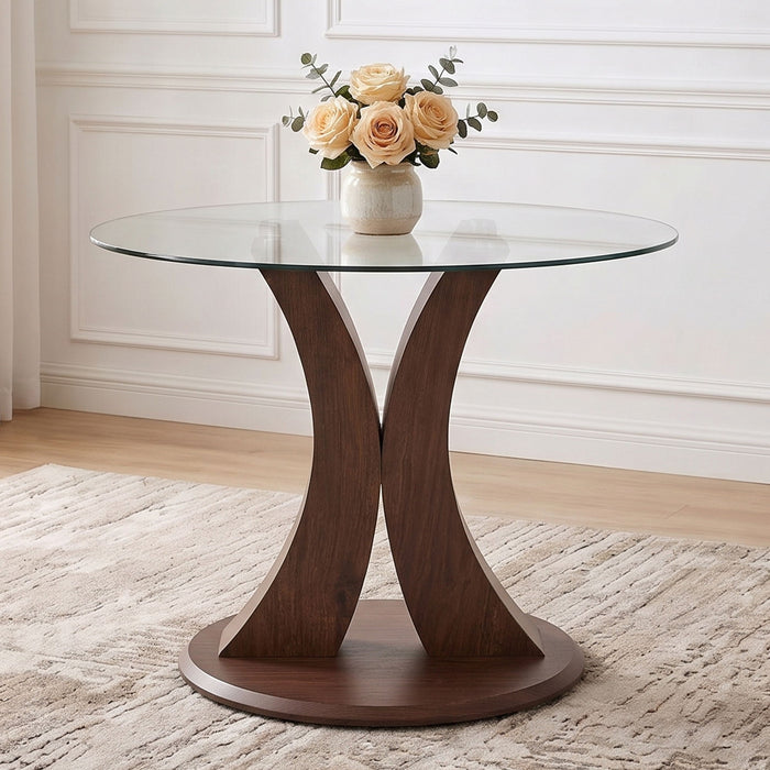 2 In 1 Round Glass Dining Table With Adjustable Curved Base, - Transparent / Walnut Home Essentials