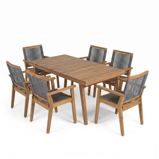 7 Piece Outdoor Patio Dining Set With Table And 6 Arm Chairs - Brown / Dark Gray / Teak Noble House