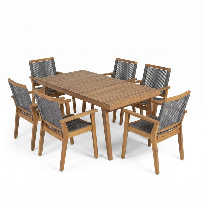 7 Piece Outdoor Patio Dining Set With Table And 6 Arm Chairs - Brown / Dark Gray / Teak Noble House