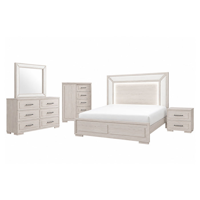 Ciara - King 5 Piece Bedroom Set With LED Lighting, Clean Lines And Upholstered Mirror - Beige Global Furniture USA
