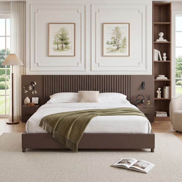 Platform Bed Frame With Built In Nightstands & Reading Lights Noble House