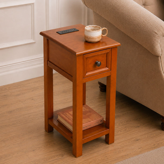 End Table With Drawer And Shelf For Living Room - Walnut Home Essentials