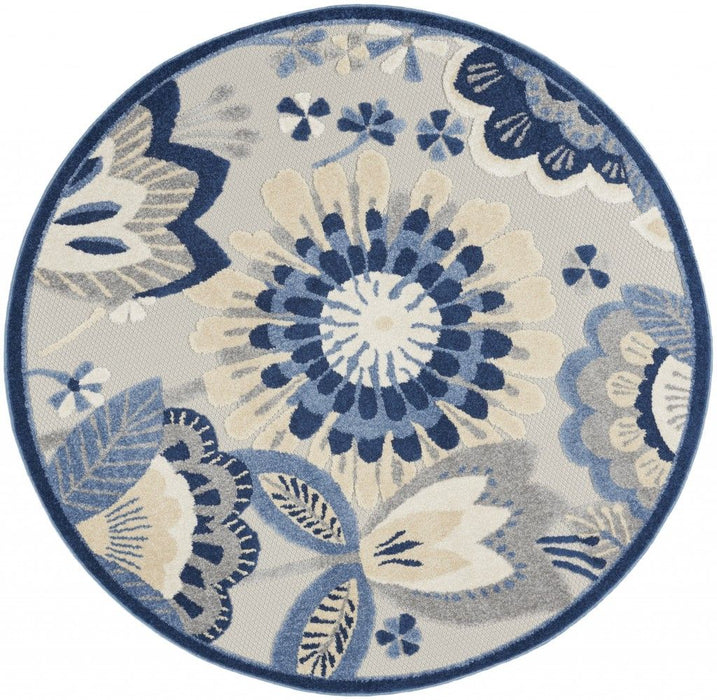 4' Round Round Floral Outdoor / Indoor Area Rug - Blue / Gray